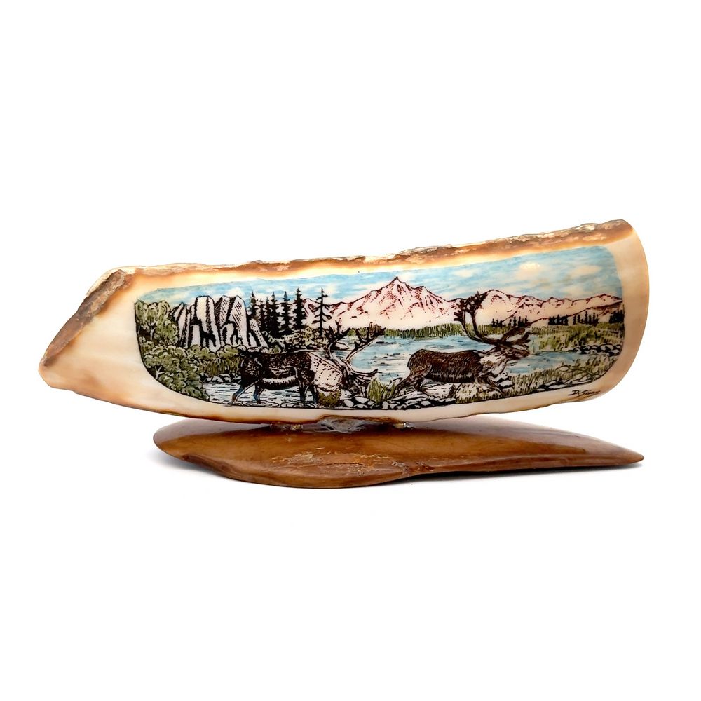 Walking Caribou Scrimshaw Artwork Fossil Ivory, Alaska Mint