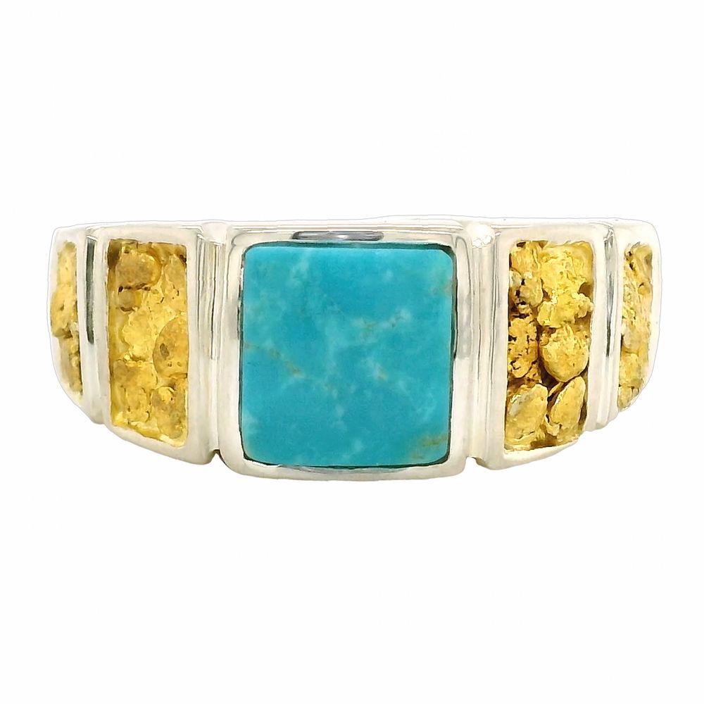 Square Turquoise Gold Nugget Silver Ring, Alaska Mint